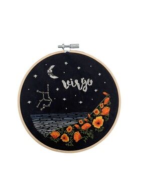 Hand Embroidered Night Sky Virgo Hoop with Orange Flowers